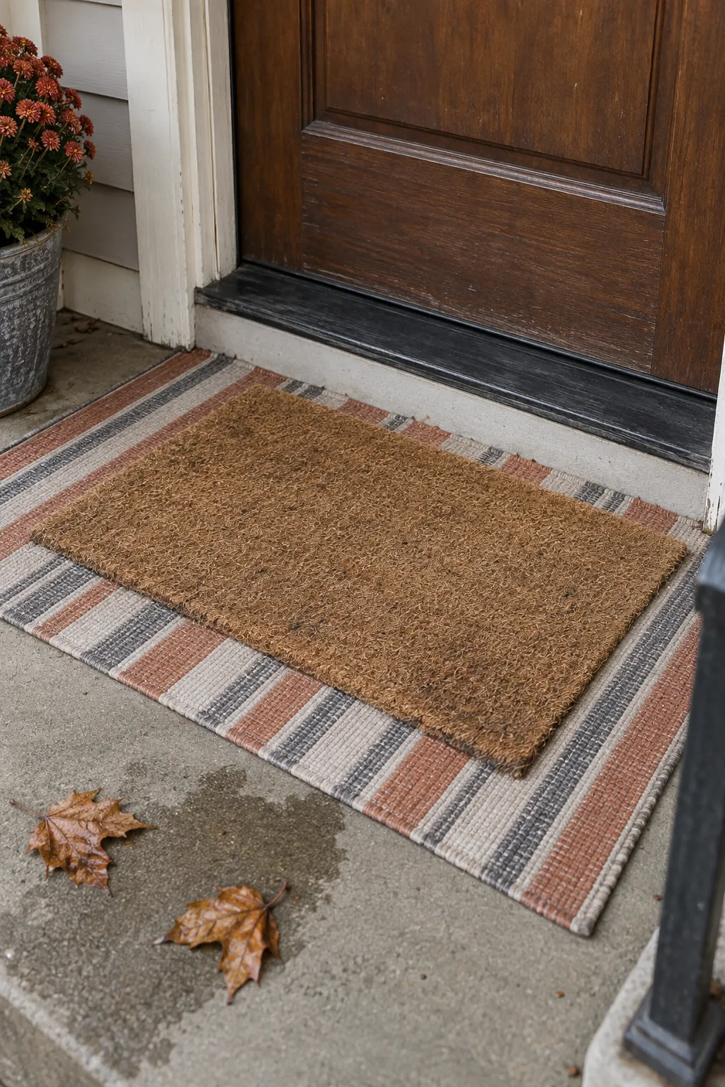 Thanksgiving porch idea with layer a washable rug beneath the mat