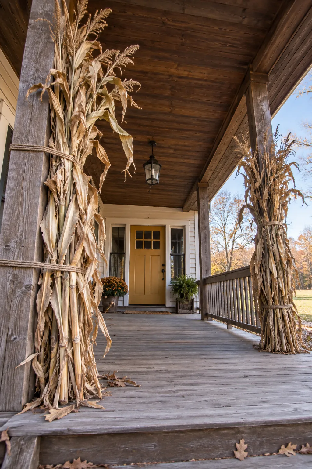 Thanksgiving porch idea with secure the cornstalks you already have