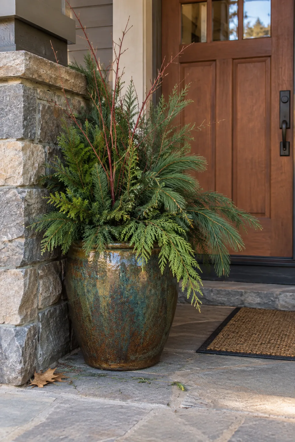 Thanksgiving porch idea with replace tired blooms with cut evergreen stems