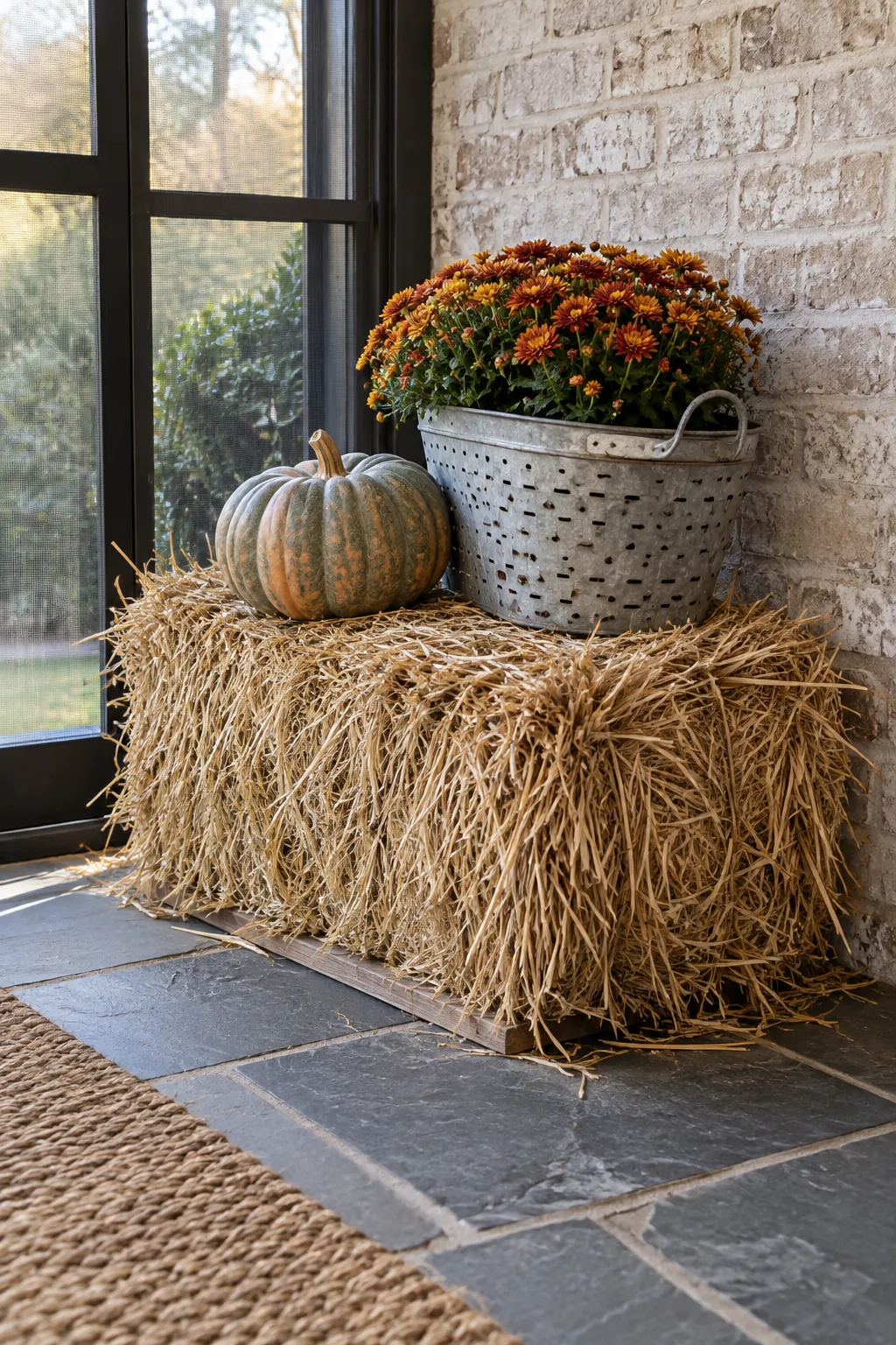 Thanksgiving porch idea with use a dry bale as a low display riser
