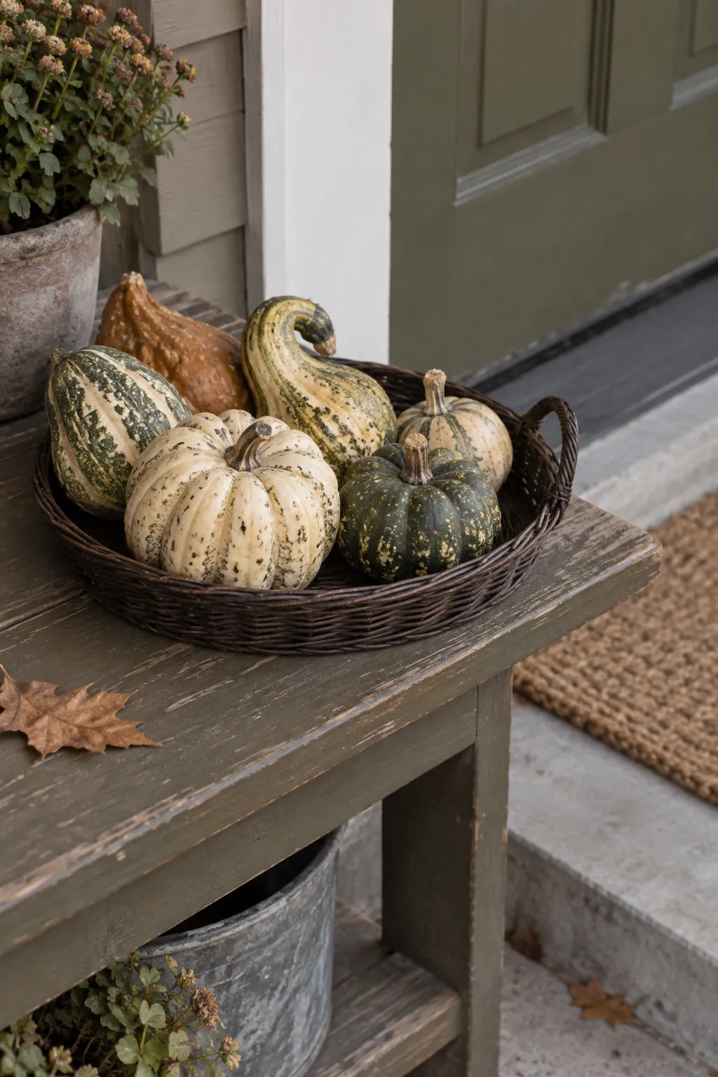 Thanksgiving porch idea with edit gourds into one color story