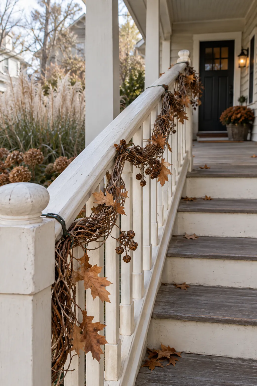 Thanksgiving porch idea with wind grapevine through a sheltered rail