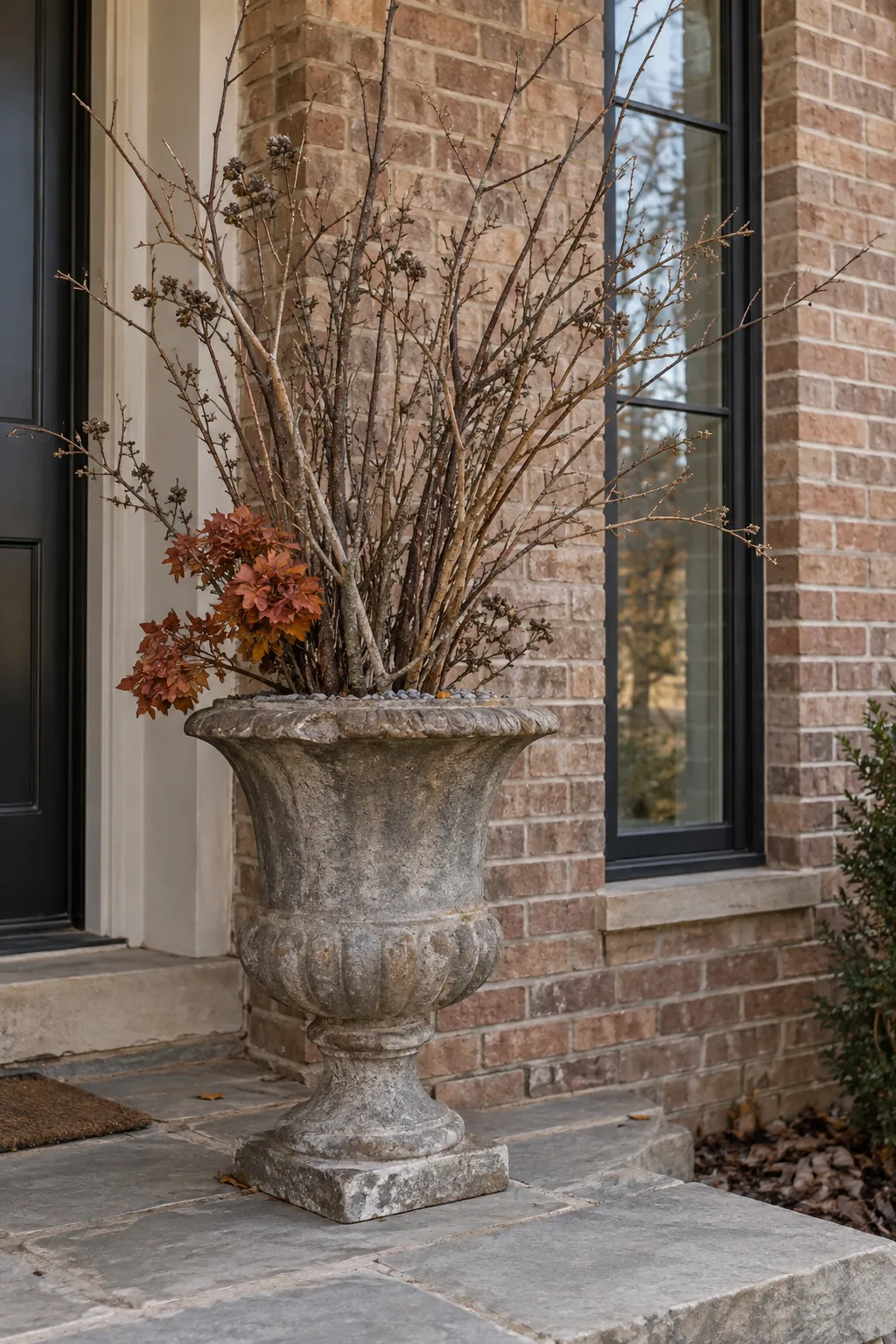 Thanksgiving porch idea with fill an empty urn with twig bundles