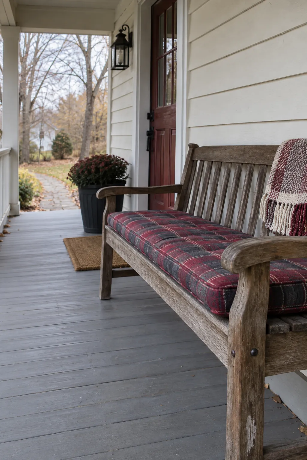 Thanksgiving porch idea with dress a covered bench with washable fabric