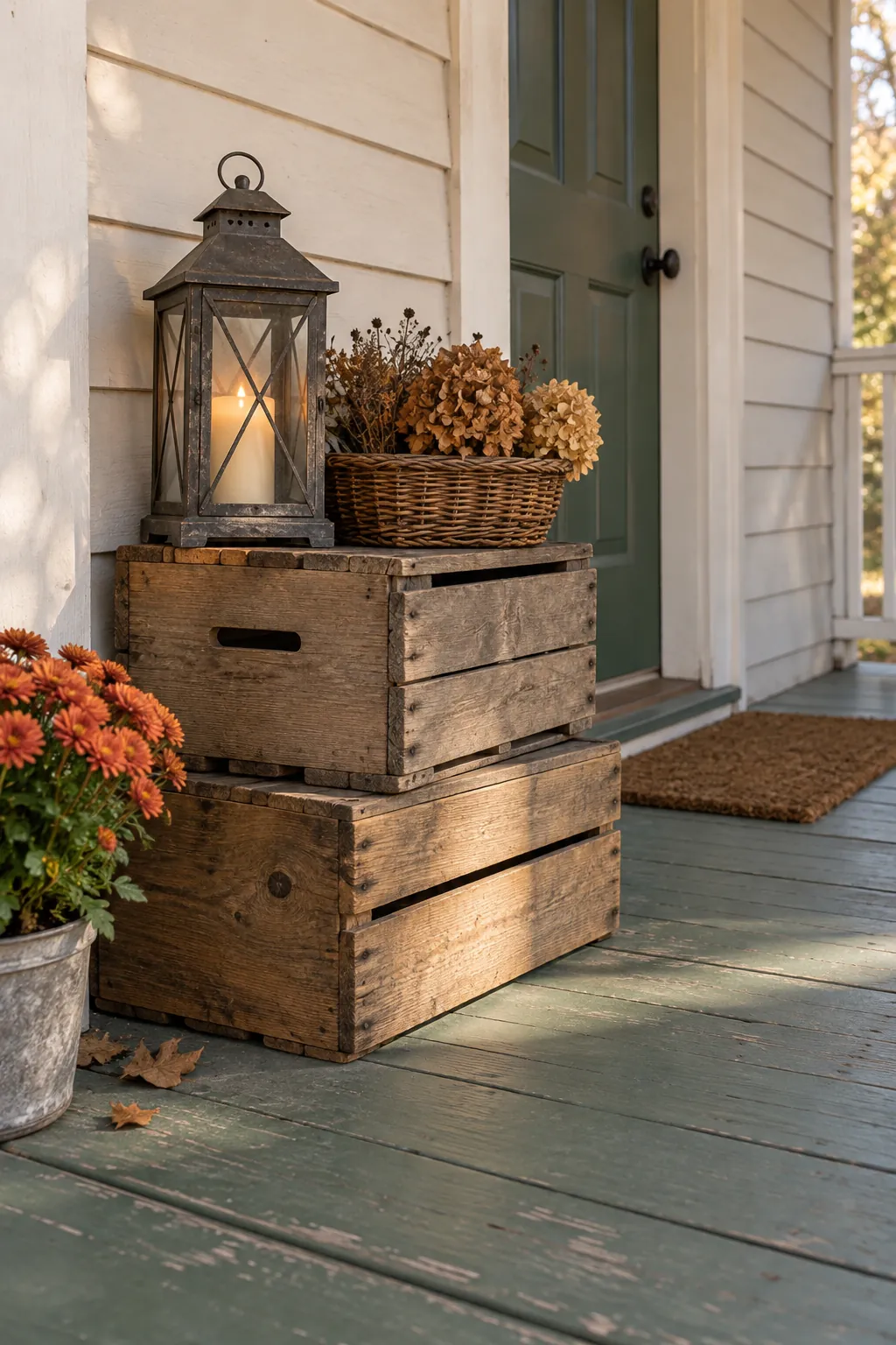 Thanksgiving porch idea with stack weathered crates into a low vignette