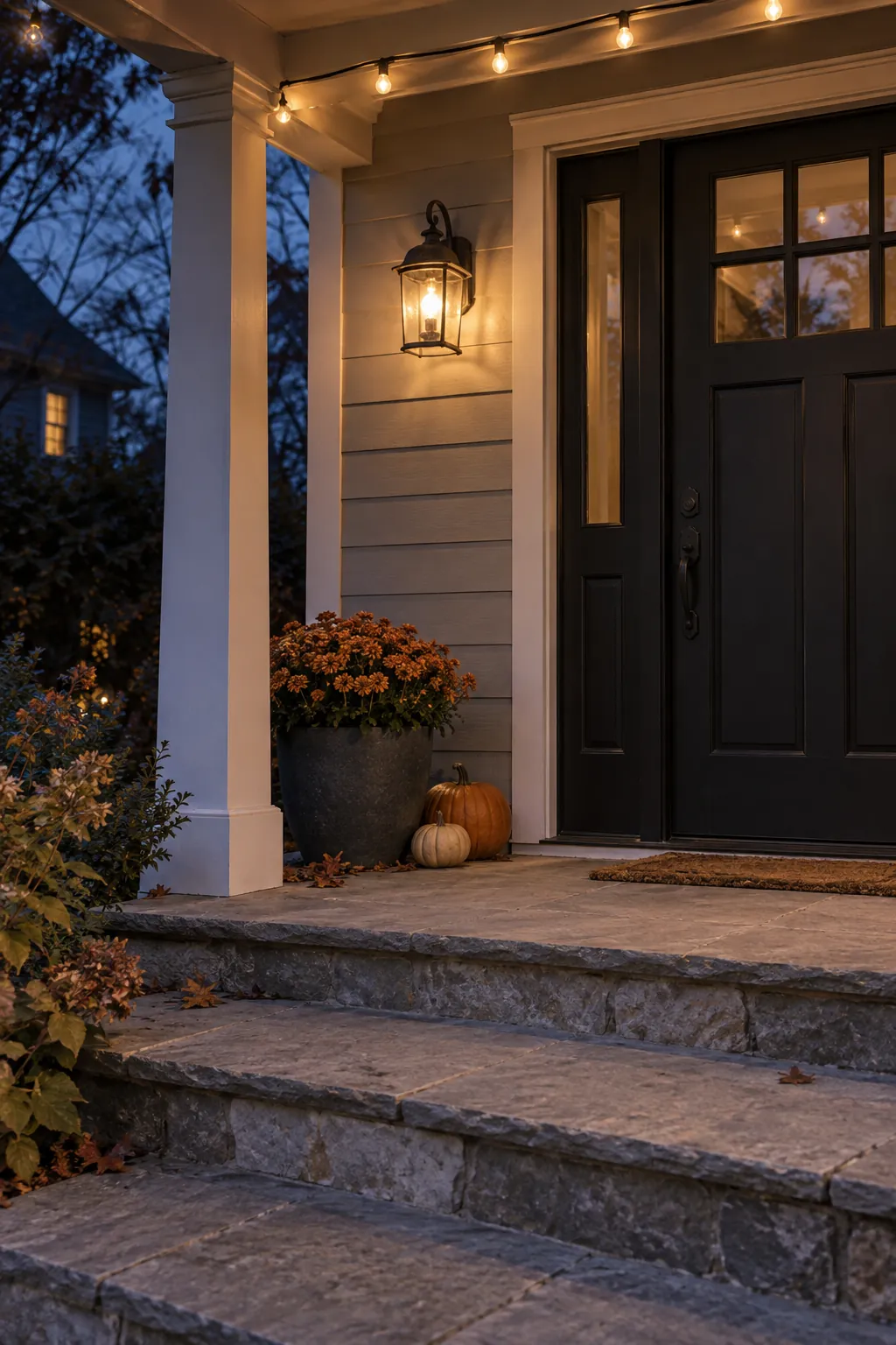 Thanksgiving porch idea with warm the entry with restrained lighting