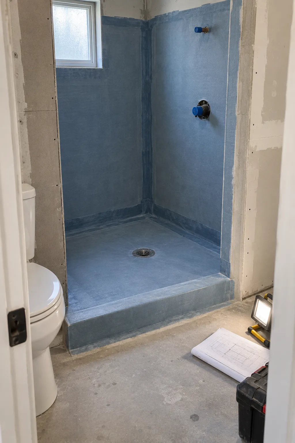 Small shower waterproofing stage before tile installation