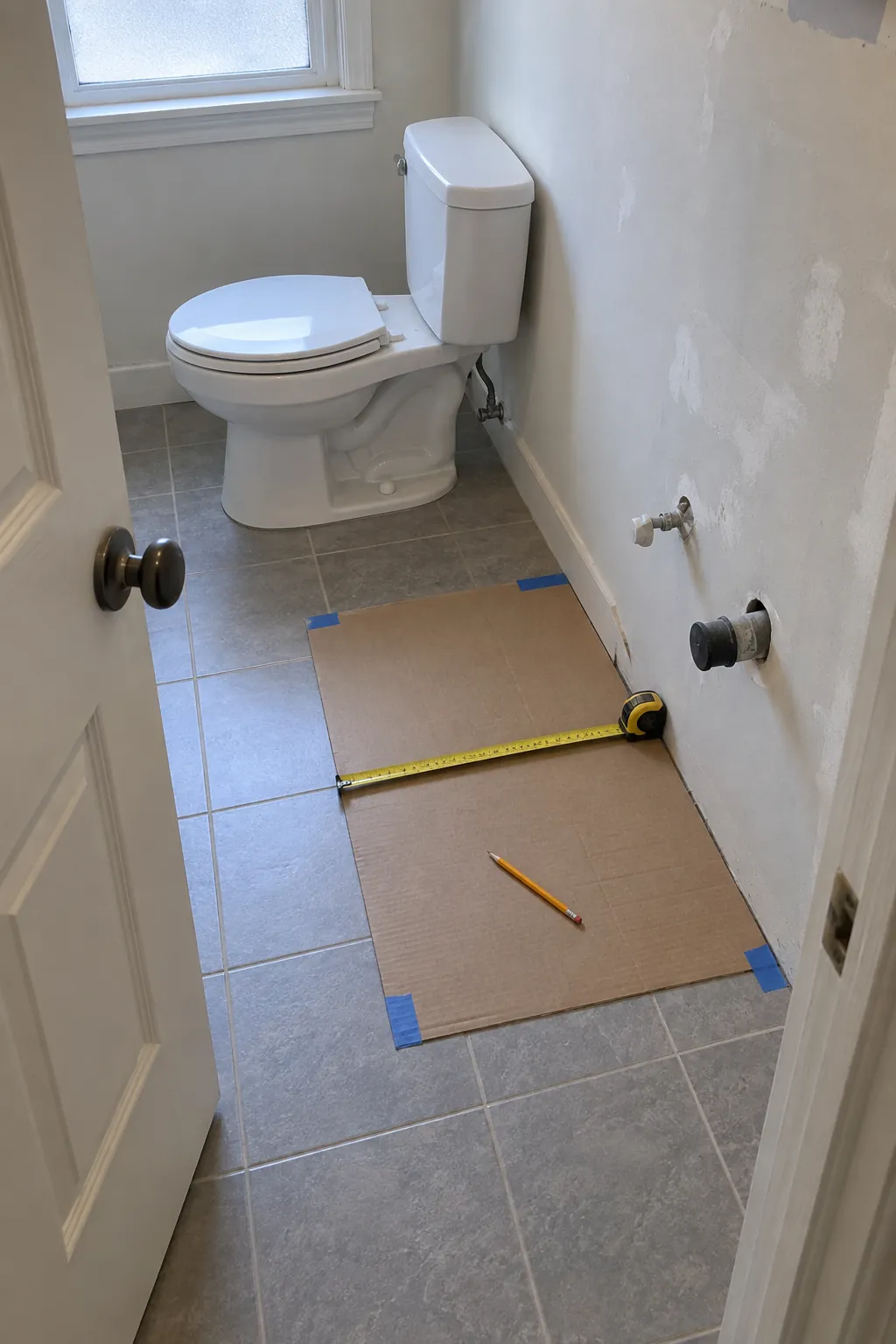 Tape measure checking clearances around a compact bathroom vanity