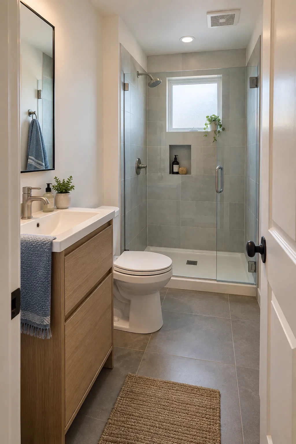 Renovated small bathroom with practical shower, vanity, and storage