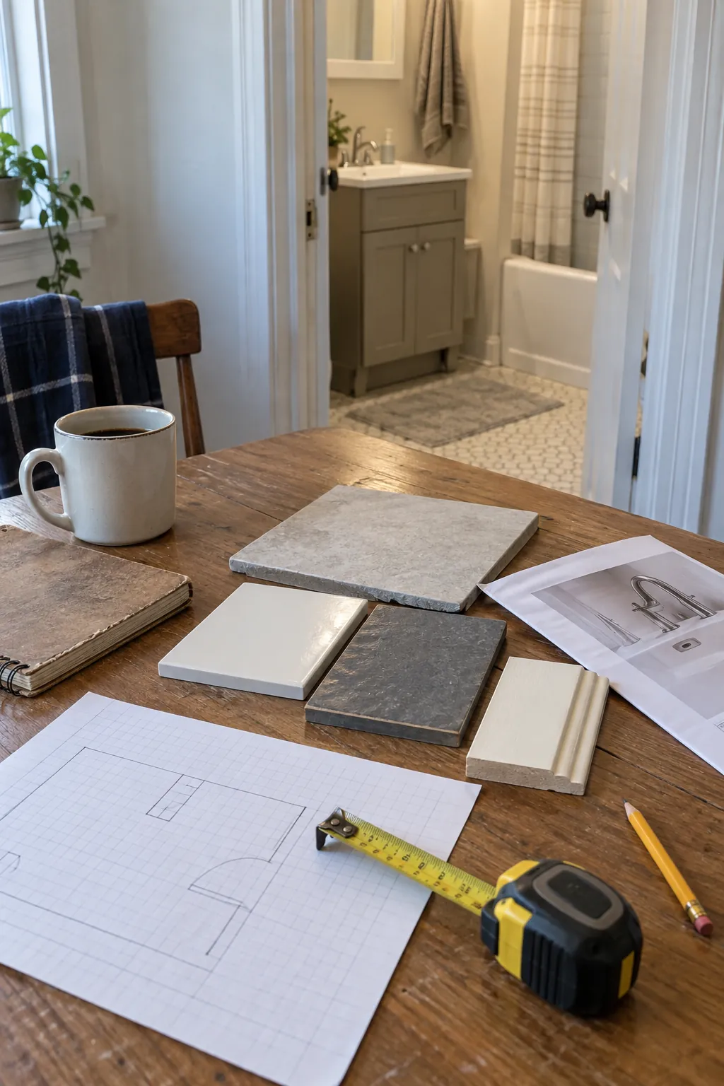 Small bathroom renovation planning with fixture measurements and material samples
