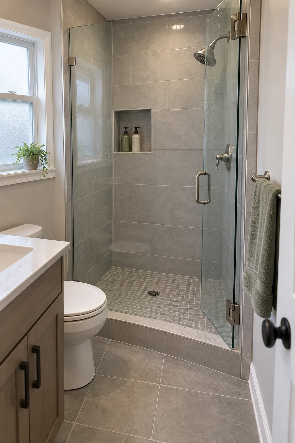 Renovated compact shower with clear access and a recessed niche