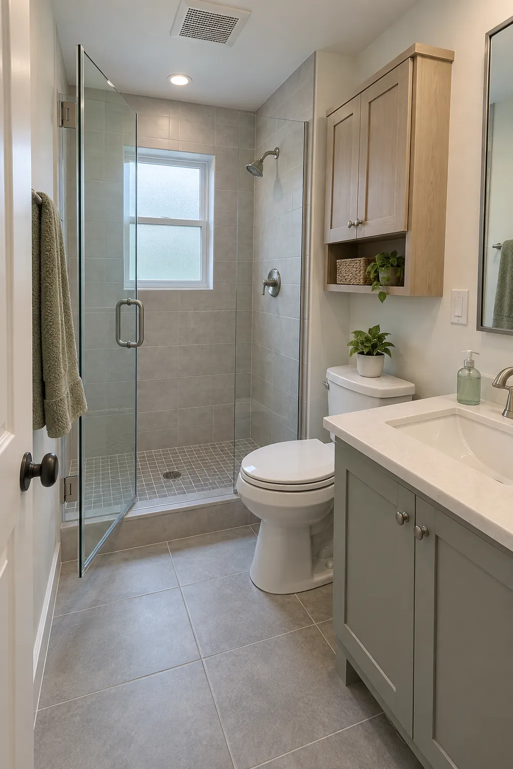 Finished small bathroom with accessible fixtures and dry shower floor