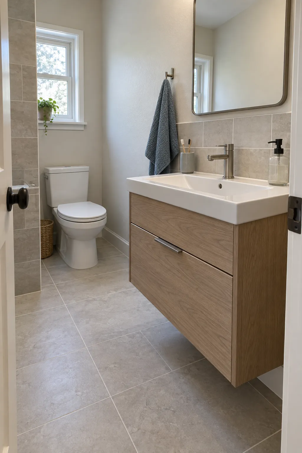 Finished compact vanity and coordinated bathroom tile after renovation