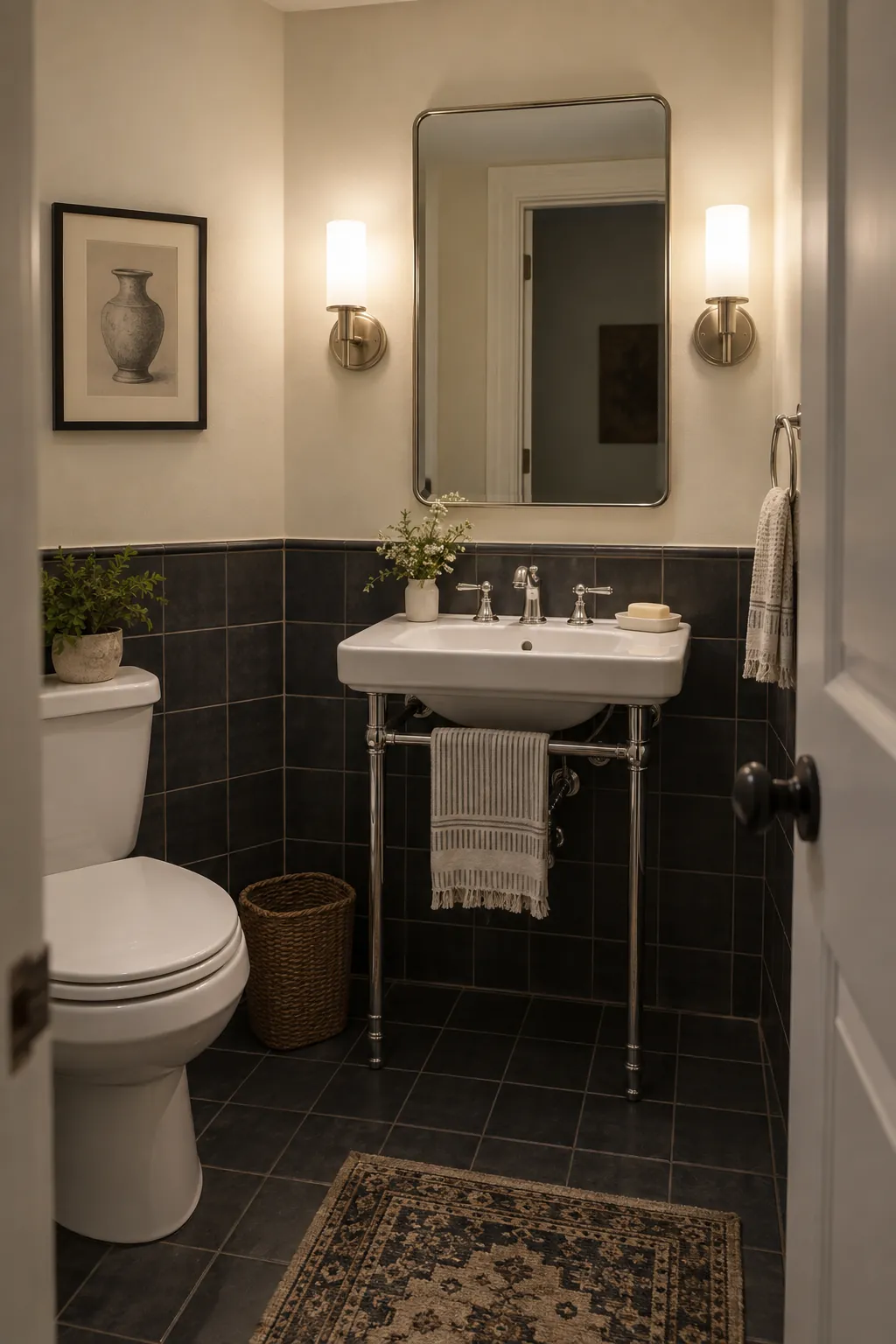 Mirror sconces in a windowless powder room with existing tile
