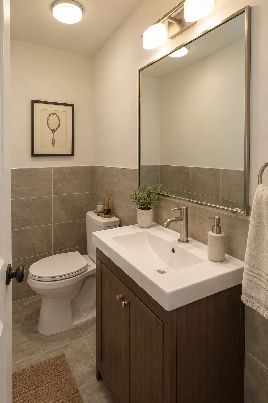 Mirror placement in a windowless powder room with existing tile