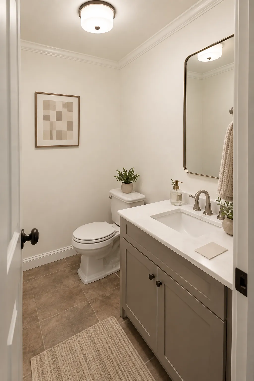 Wall and ceiling paint in a windowless powder room with existing tile
