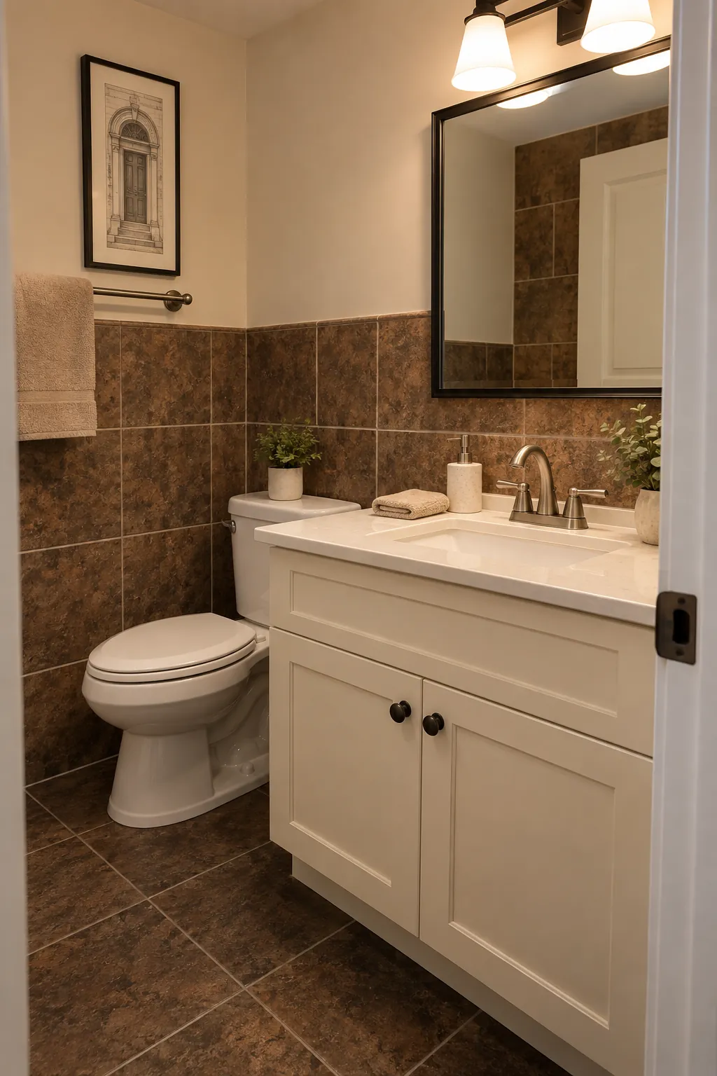 Light vanity in a windowless powder room with existing tile