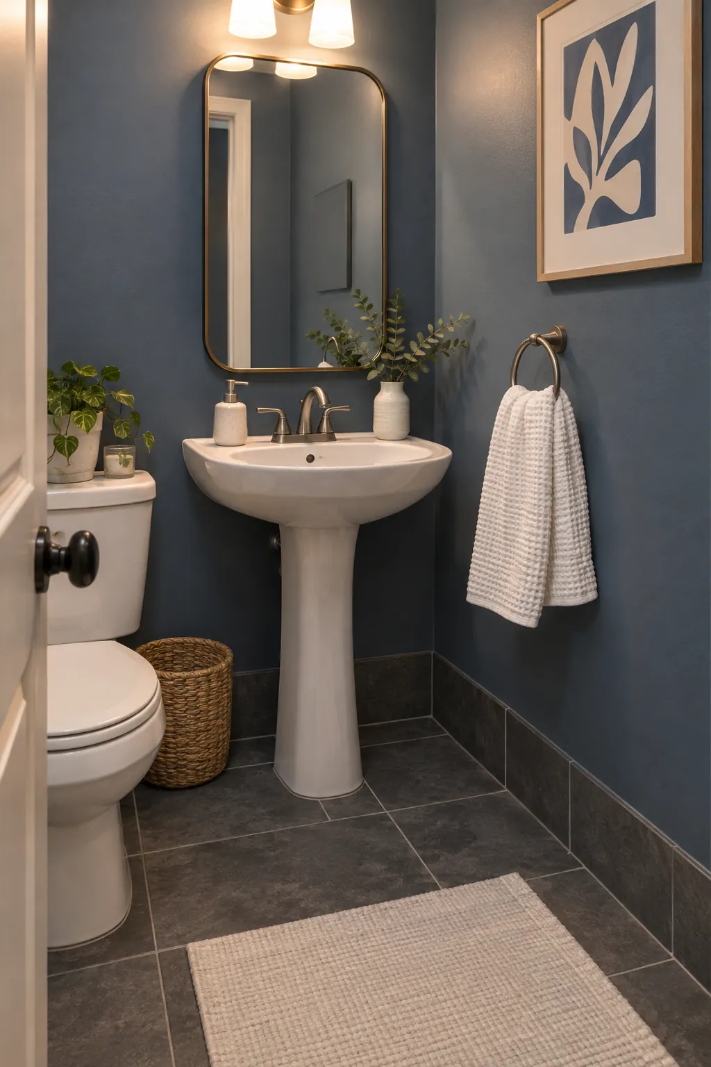 Pale fabric in a windowless powder room with existing tile
