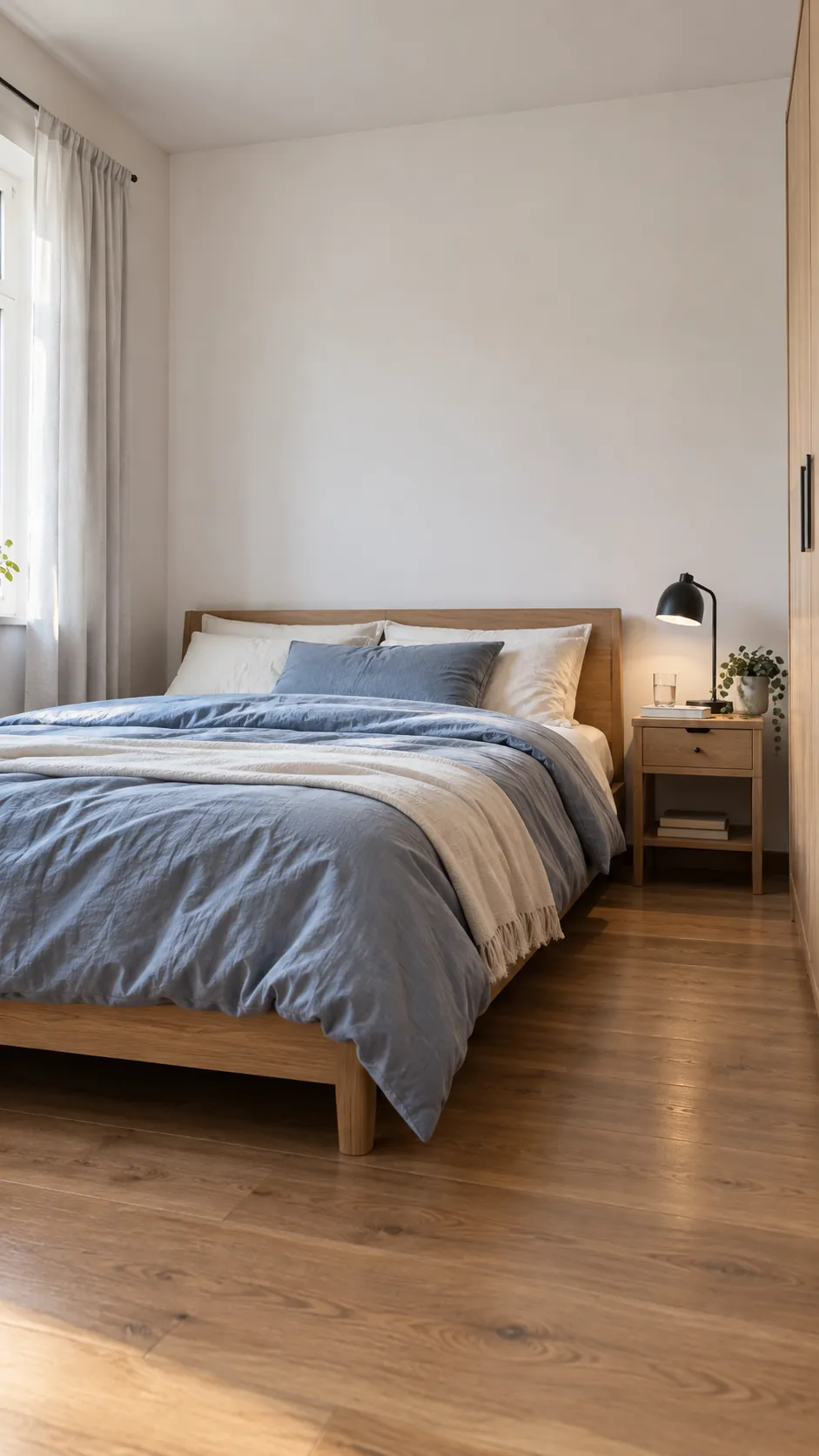Low profile bed and slim bedside table in a small bedroom