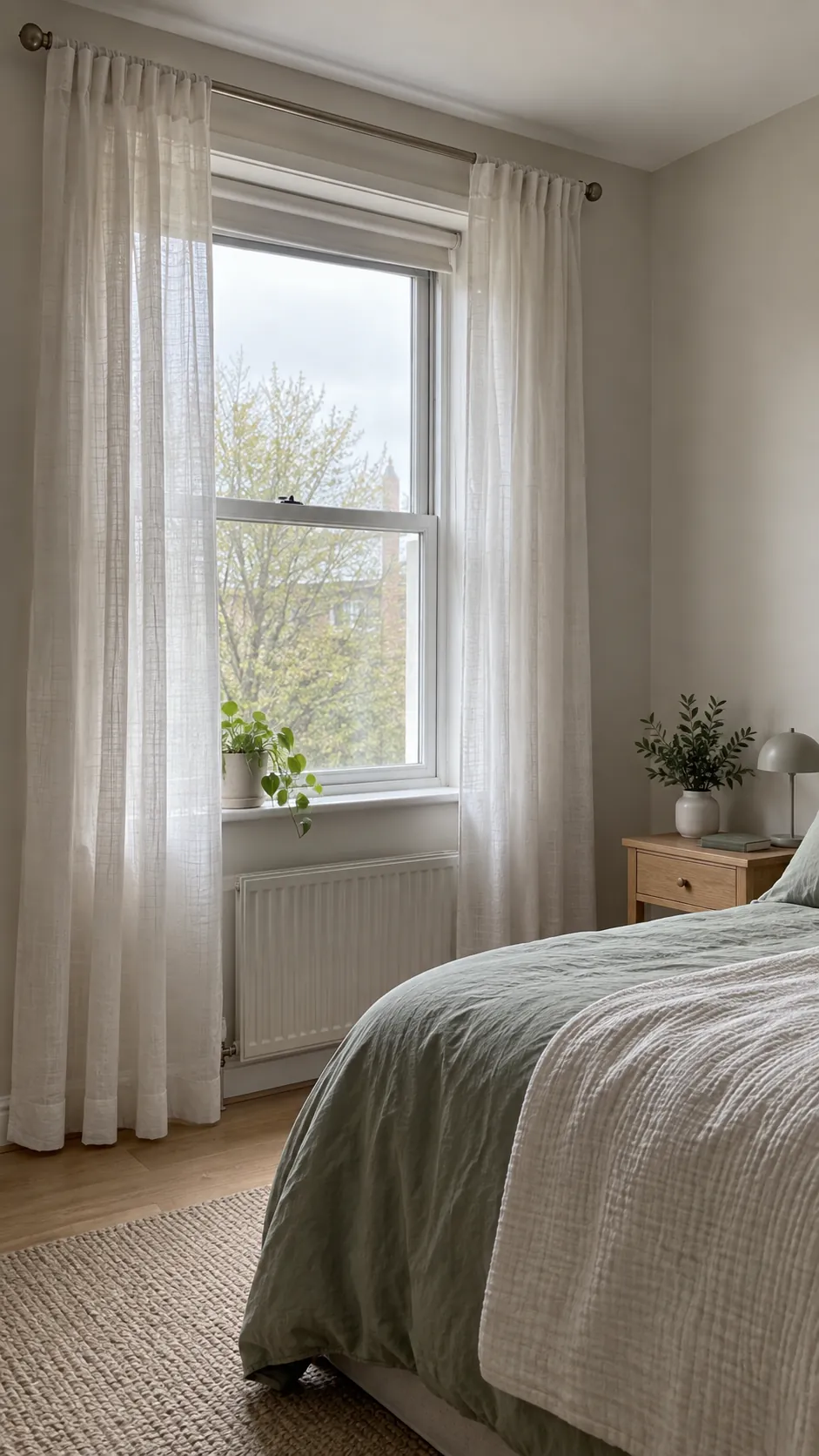 Sheer curtains admit daylight into a small bedroom