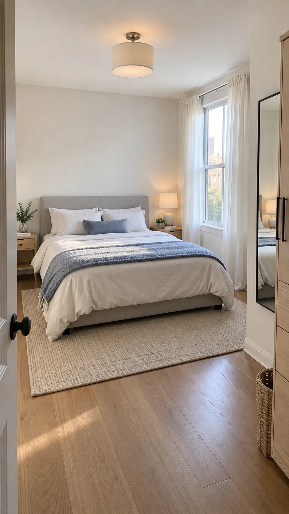 Small bedroom with clear floor, low bed, and soft daylight