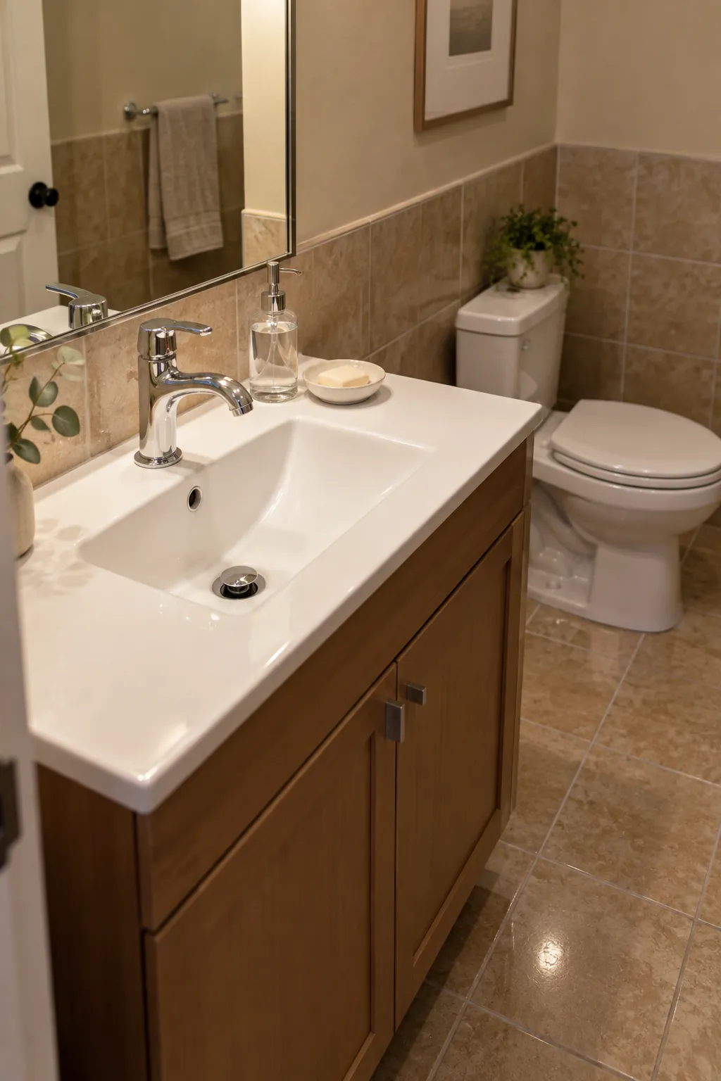 Reflective accents in a windowless powder room with existing tile
