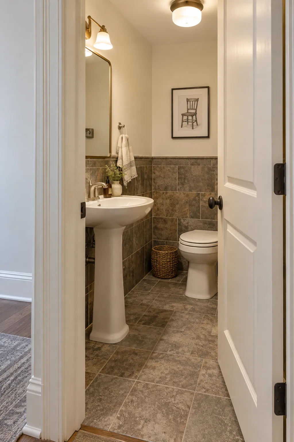 Doorway and trim in a windowless powder room with existing tile