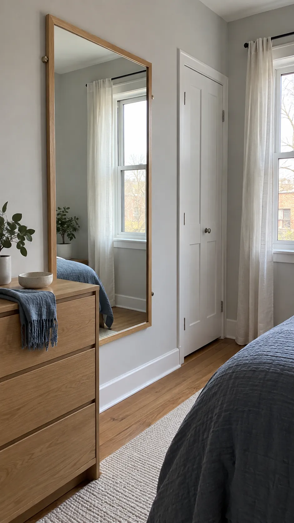 Large bedroom mirror reflects daylight and an uncluttered wall