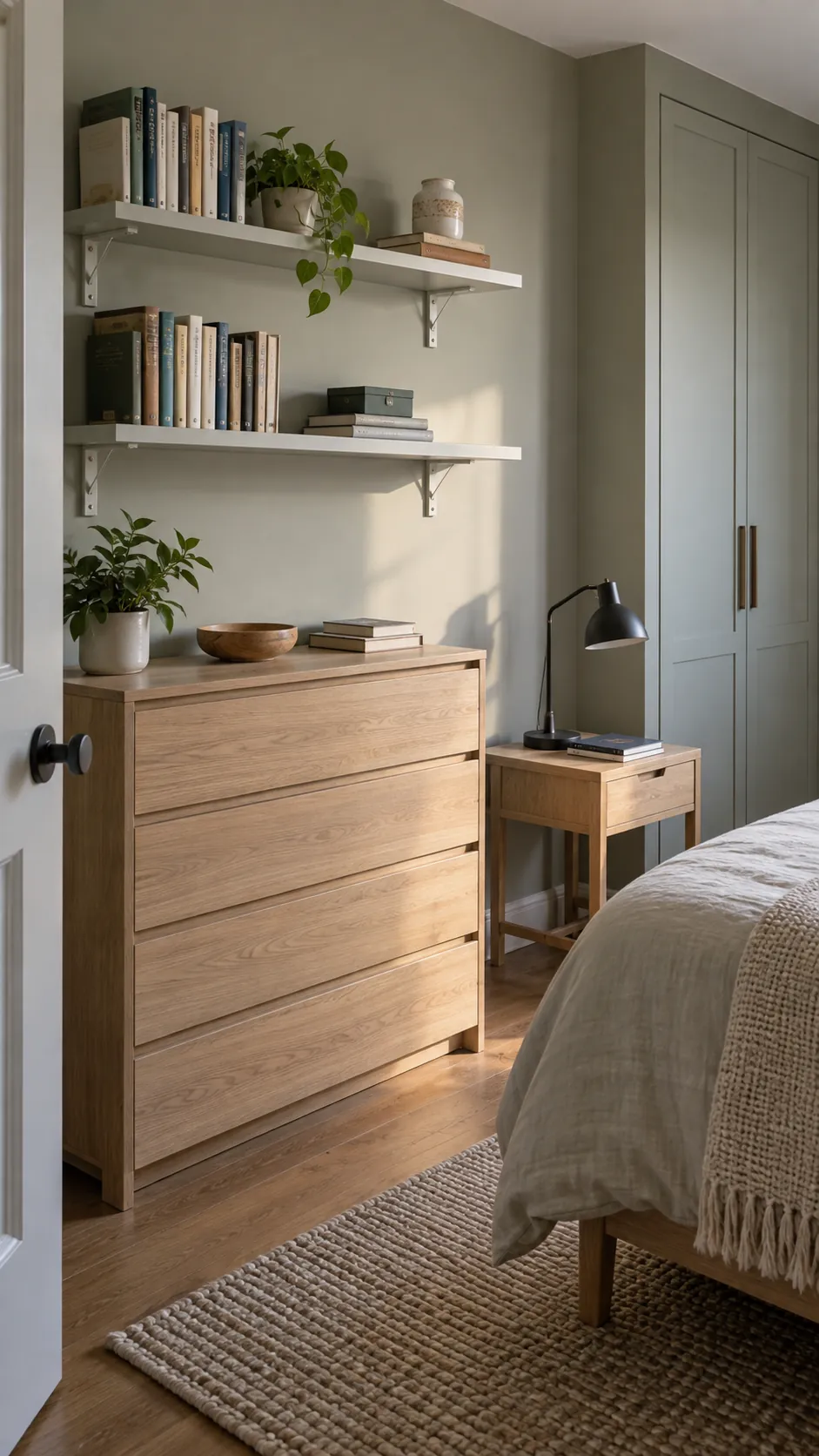 Secure vertical shelving and open leg furniture in a compact bedroom