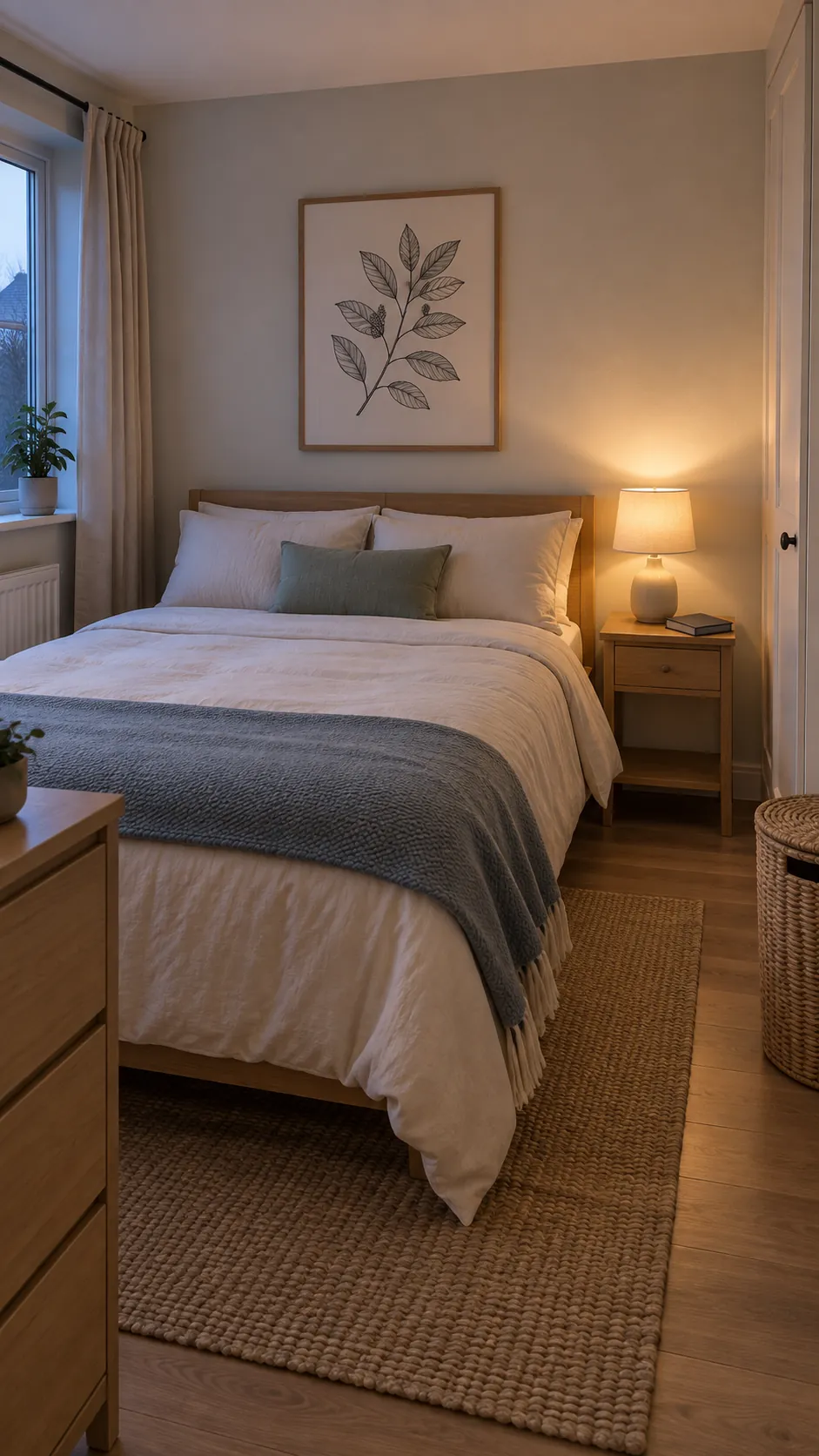 Calm compact bedroom with a made bed and restrained decor