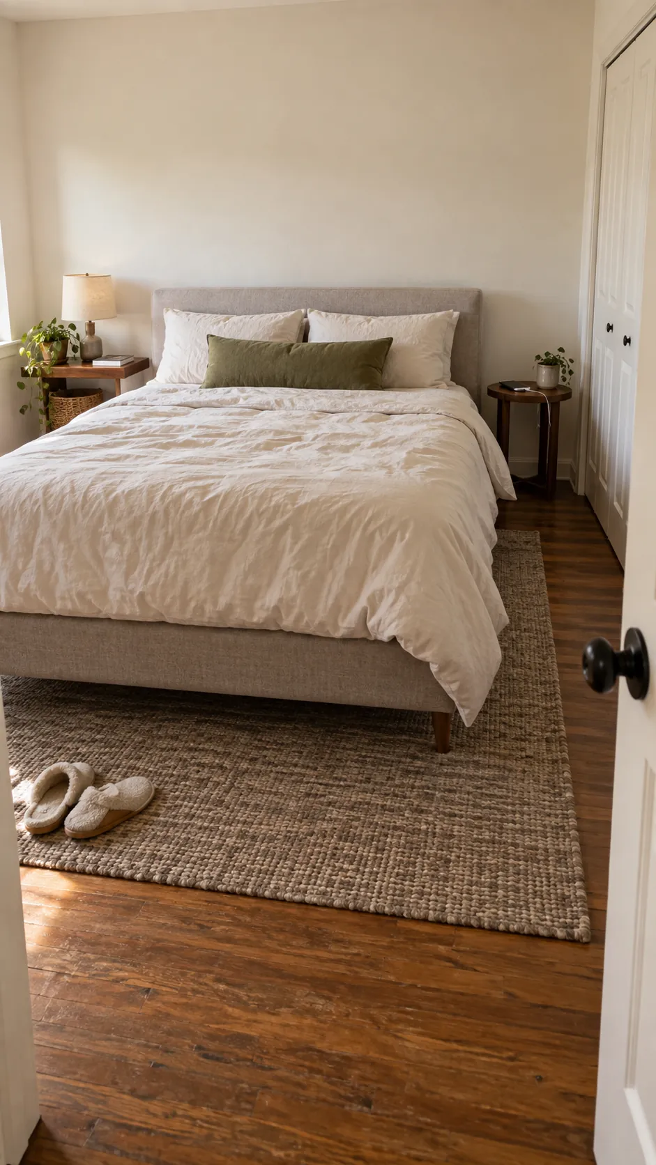 Queen bed placed for access in a twelve foot square bedroom