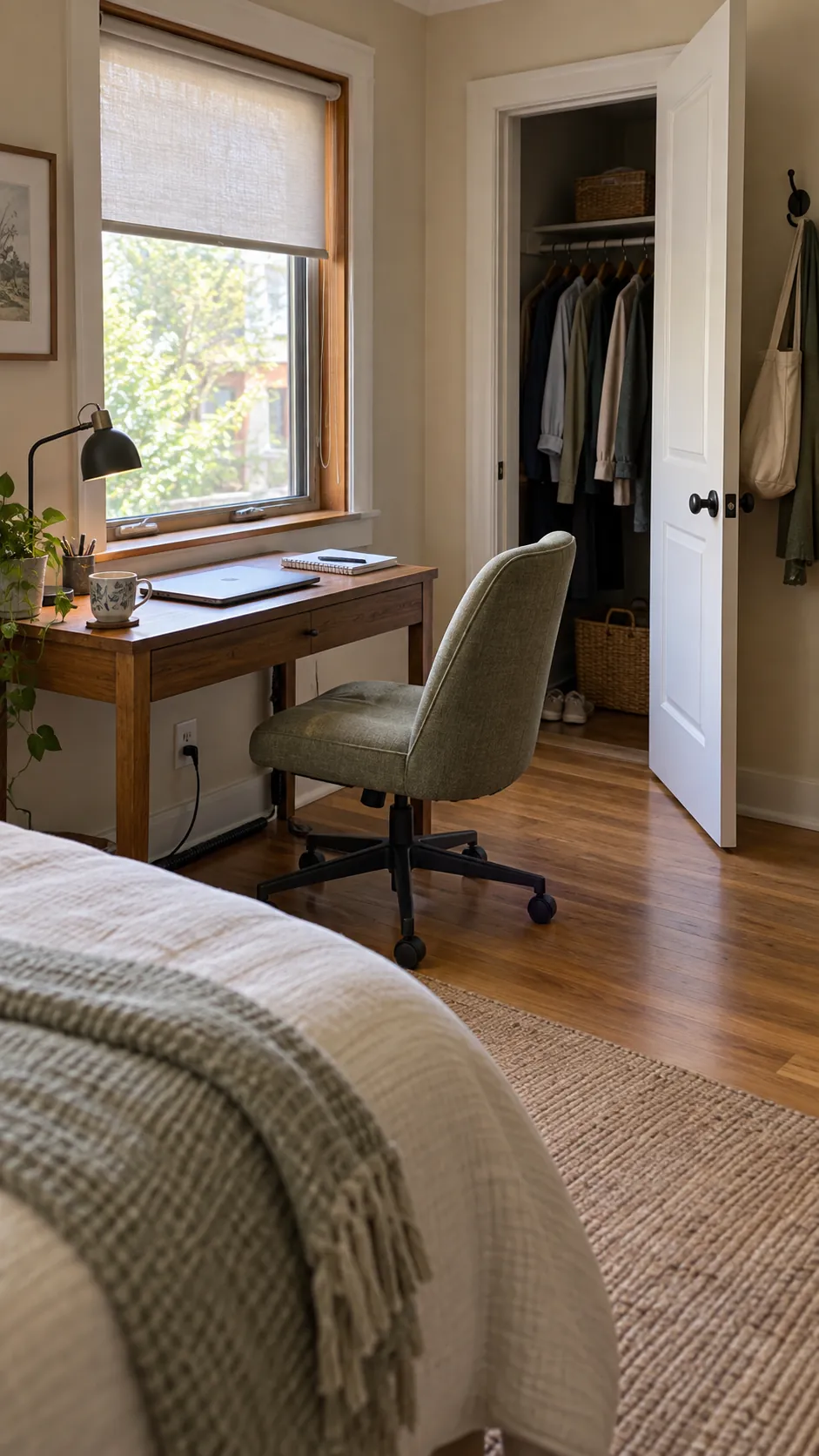 Shallow desk by a window with a clear chair and closet path