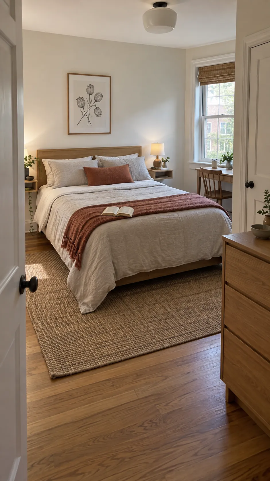 Practical 12x12 bedroom layout with bed, desk, dresser and clear walking paths