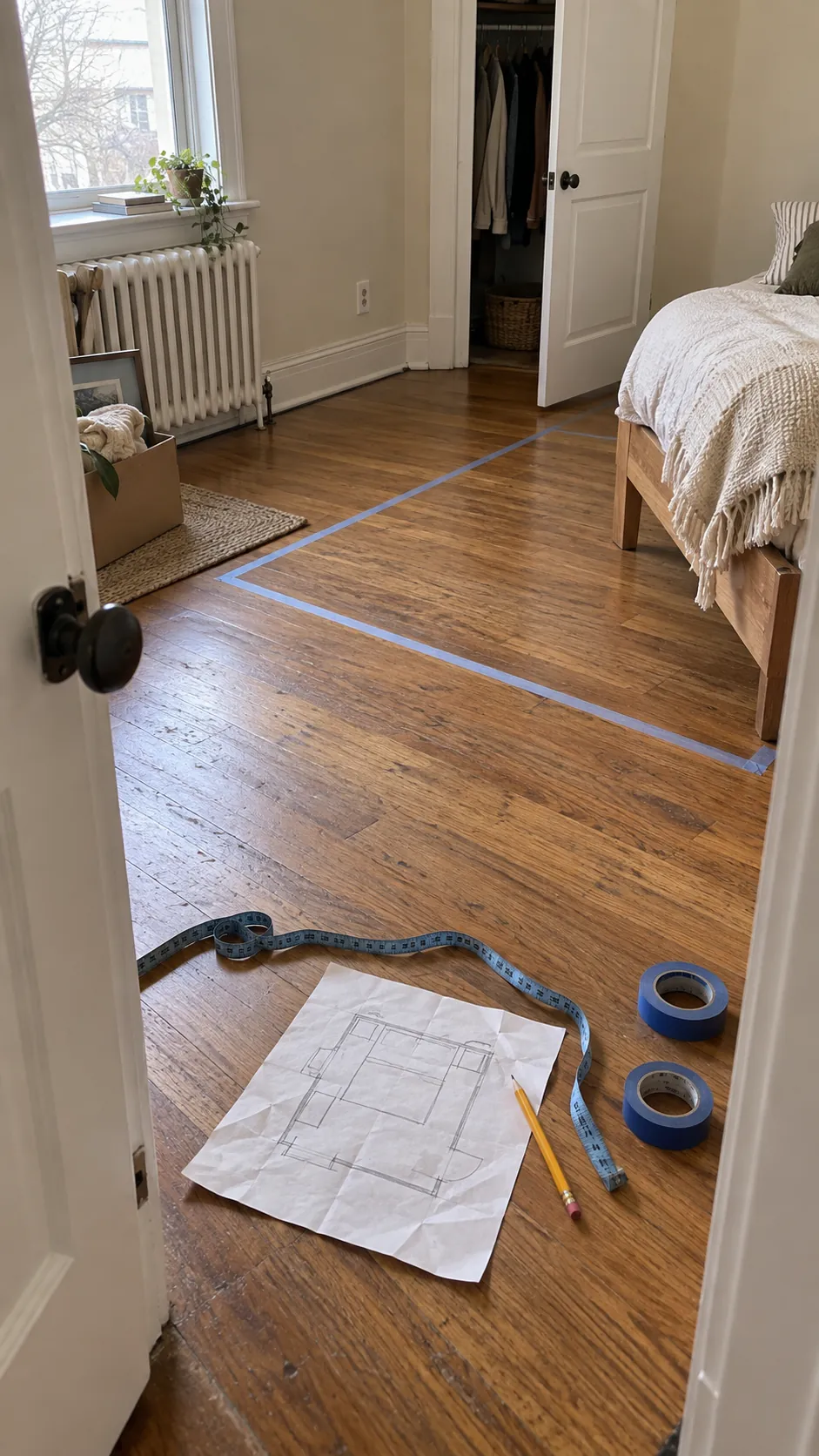 Measuring the usable floor and furniture clearances of a square bedroom