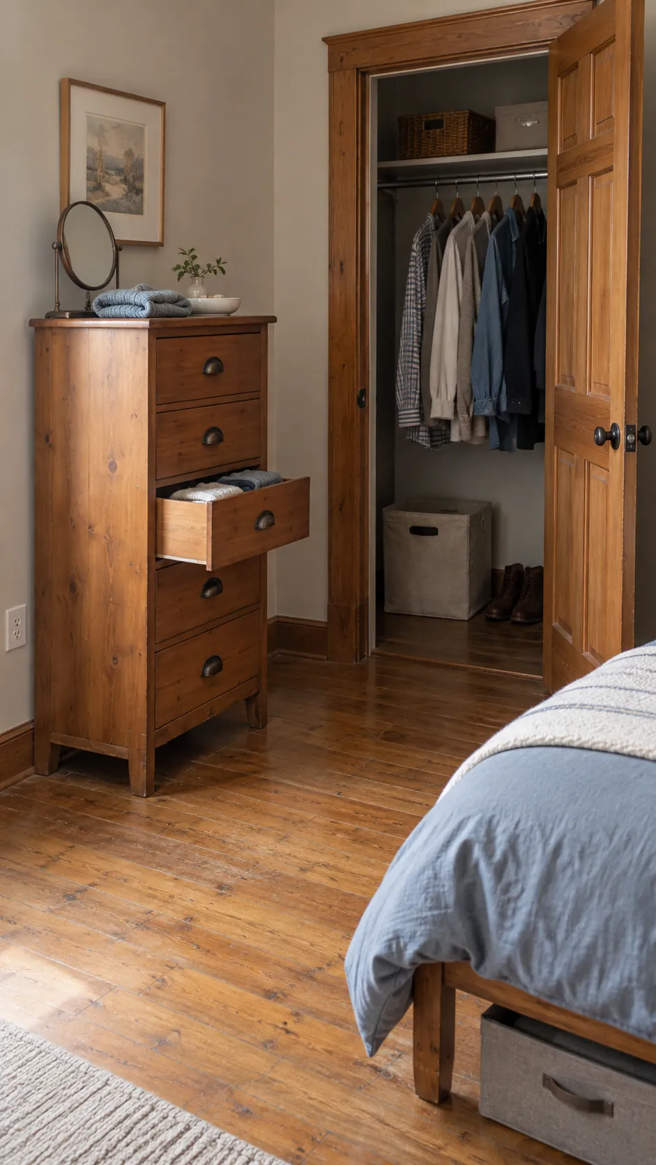 Dresser and closet grouped along a practical wall in a square bedroom