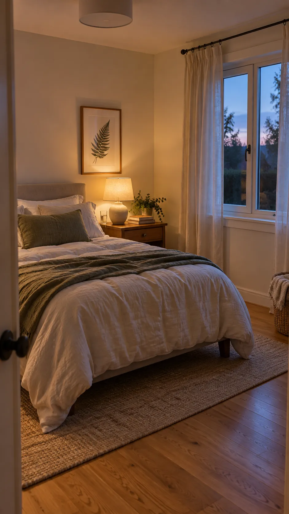 Cozy square bedroom with layered light and uncluttered decor