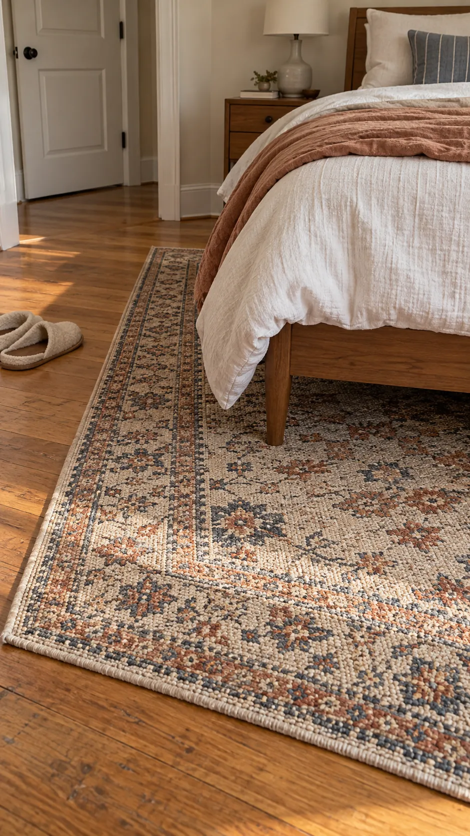 Area rug extending beside and beyond a queen bed in a square room