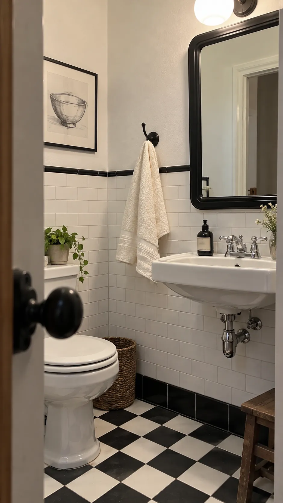 Room undertones towel styling in a black and white powder room