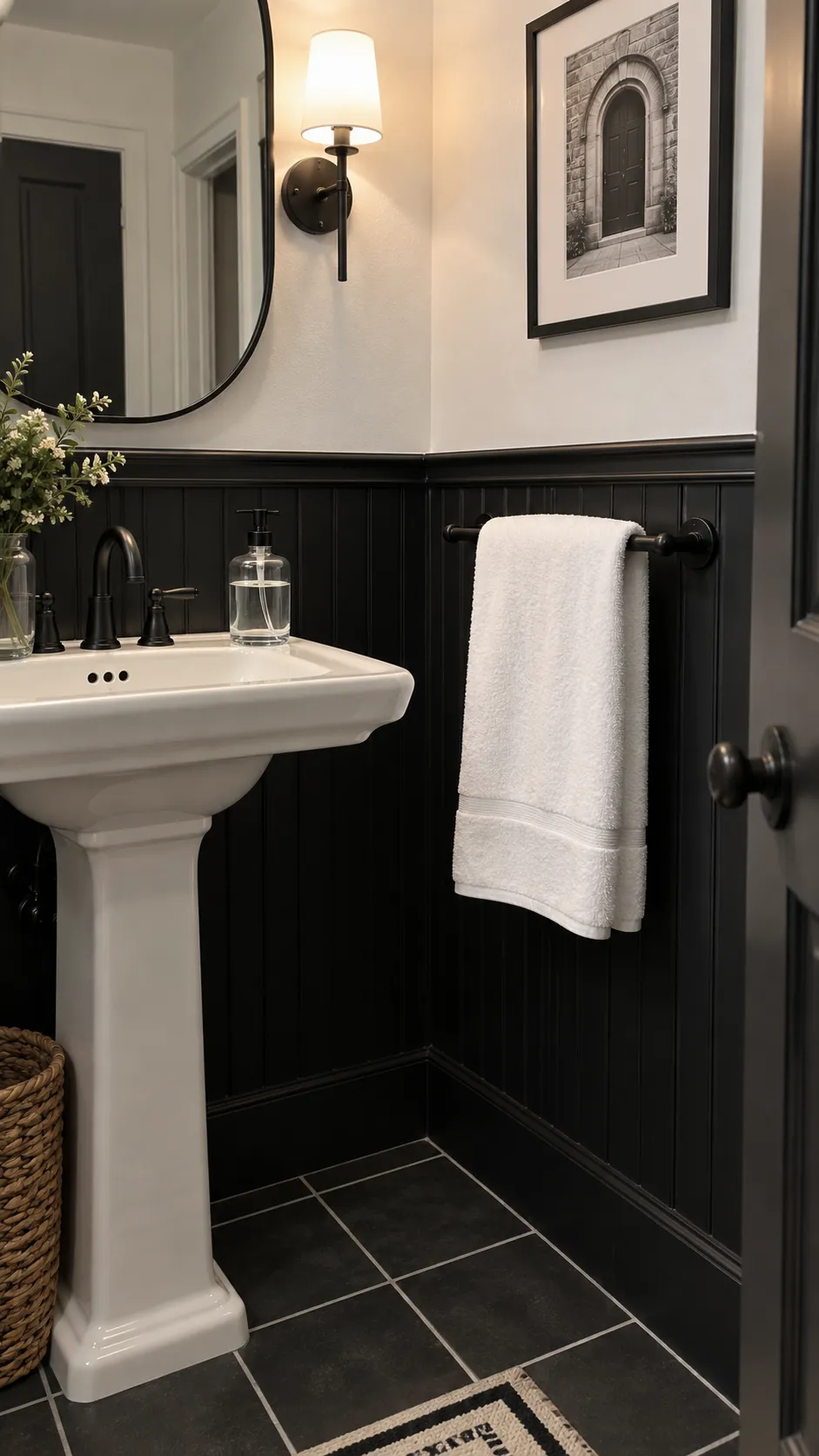 White or ivory towel styling in a black and white powder room