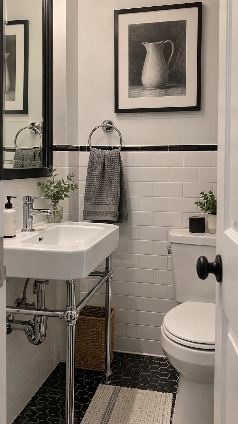Gray or charcoal towel styling in a black and white powder room