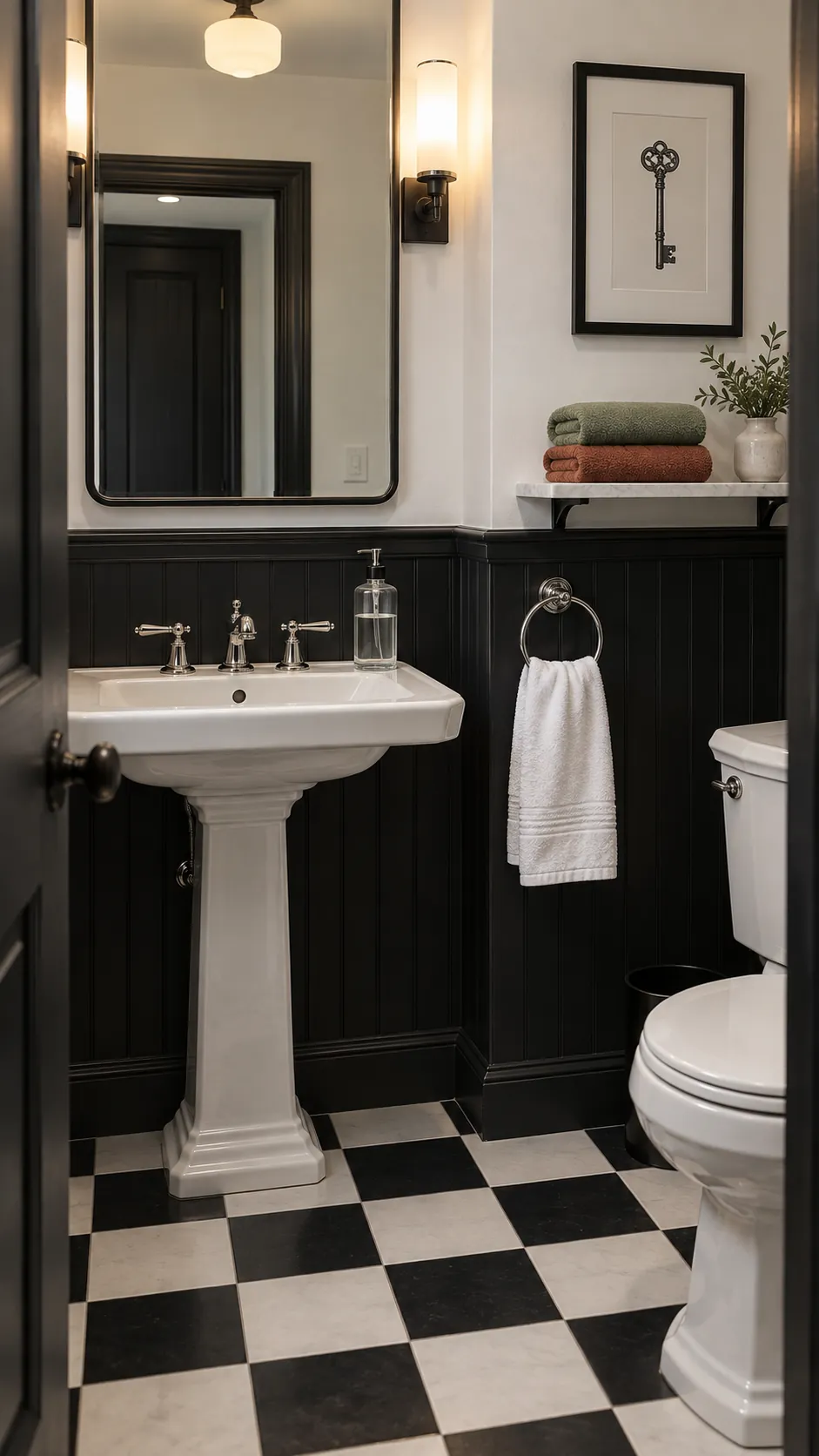 White, sage, and rust hand towel options in a black and white powder room