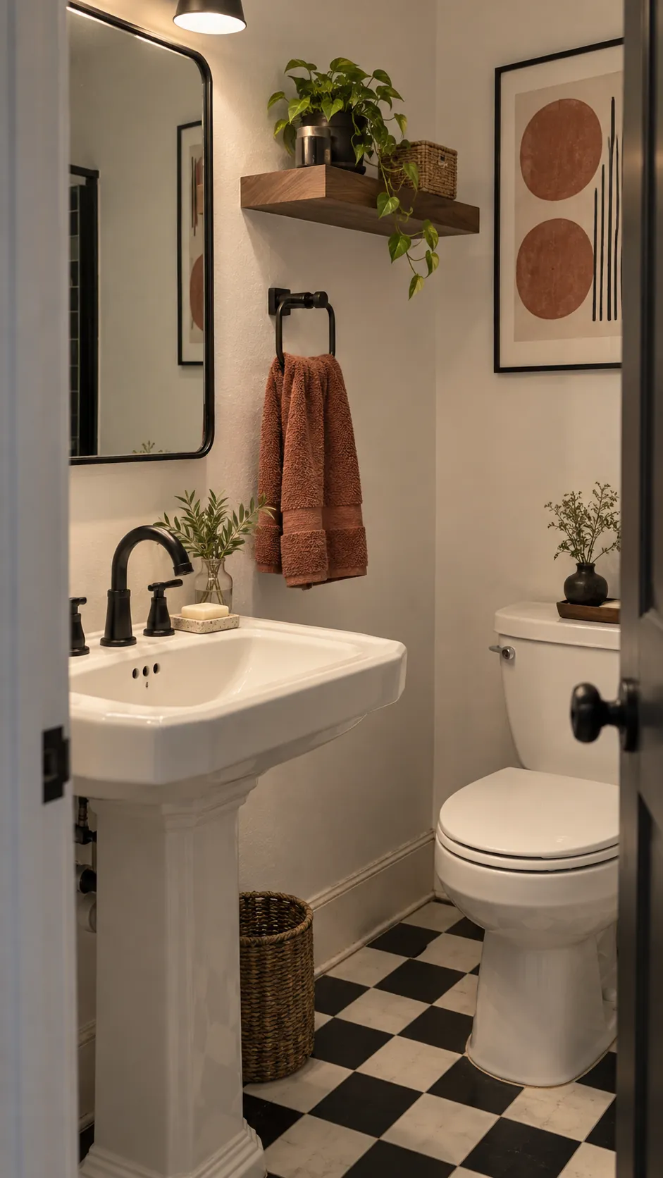 Blush and rust towel styling in a black and white powder room