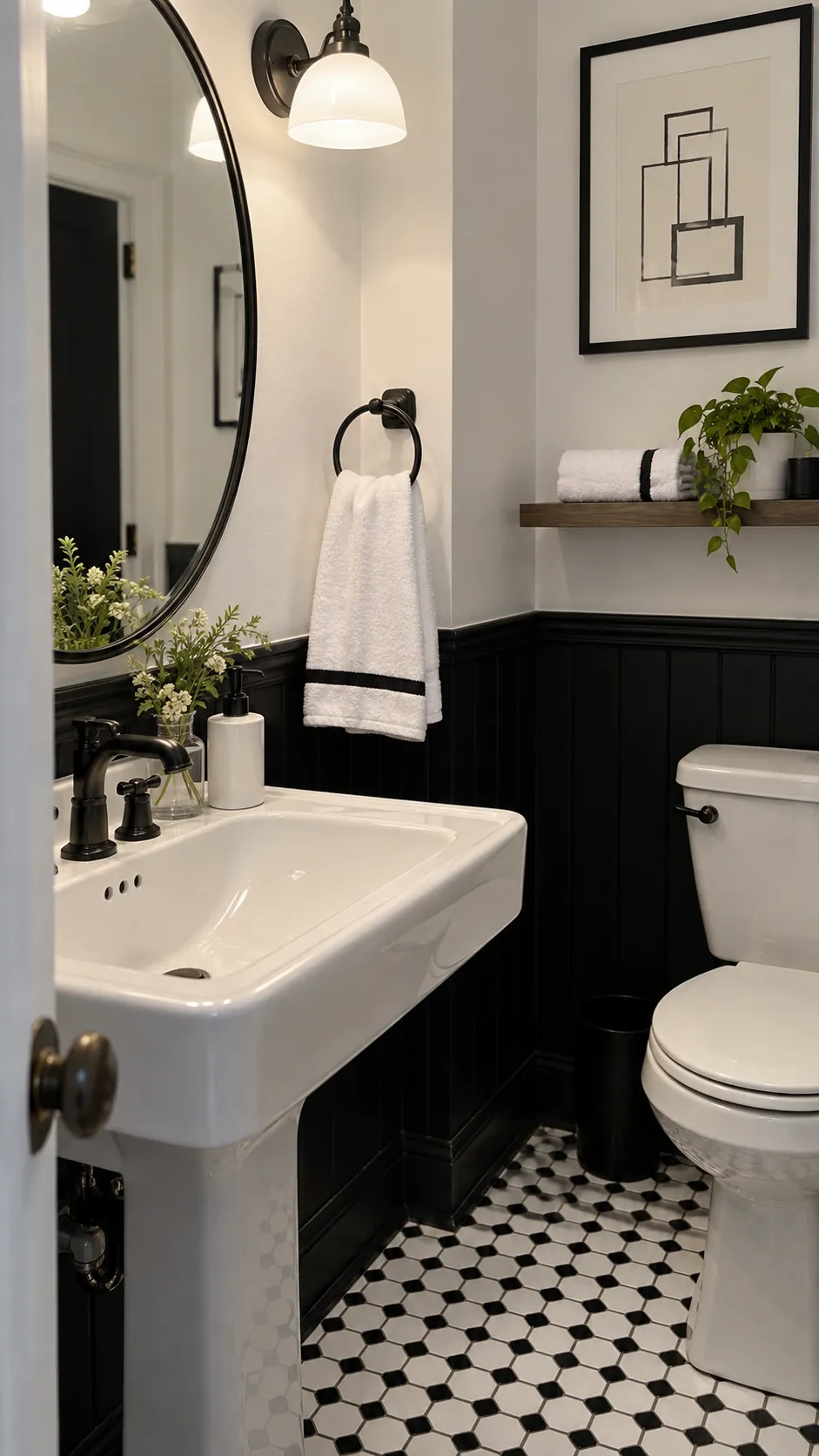 Pattern and placement towel styling in a black and white powder room