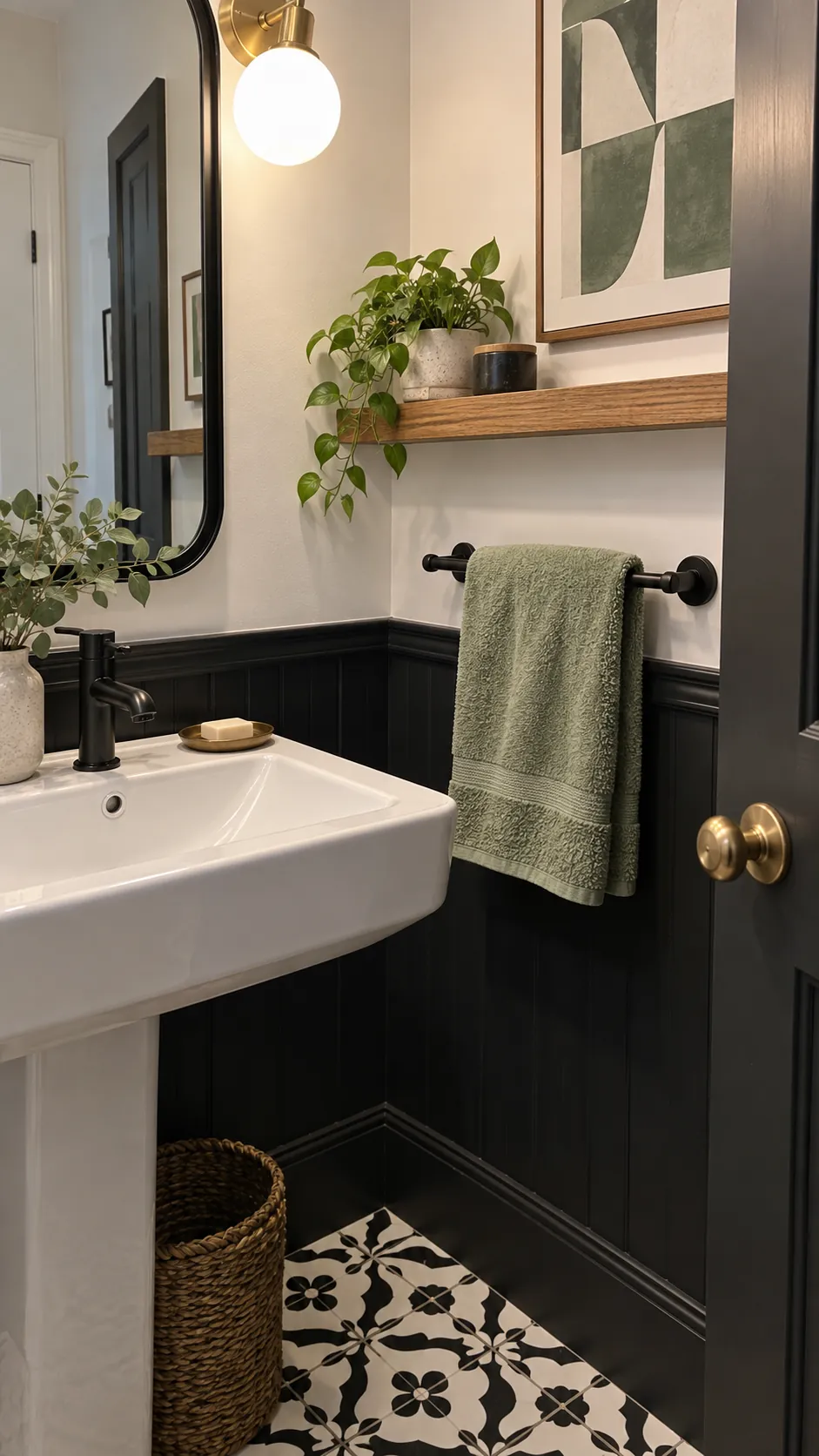 Muted green or blue towel styling in a black and white powder room