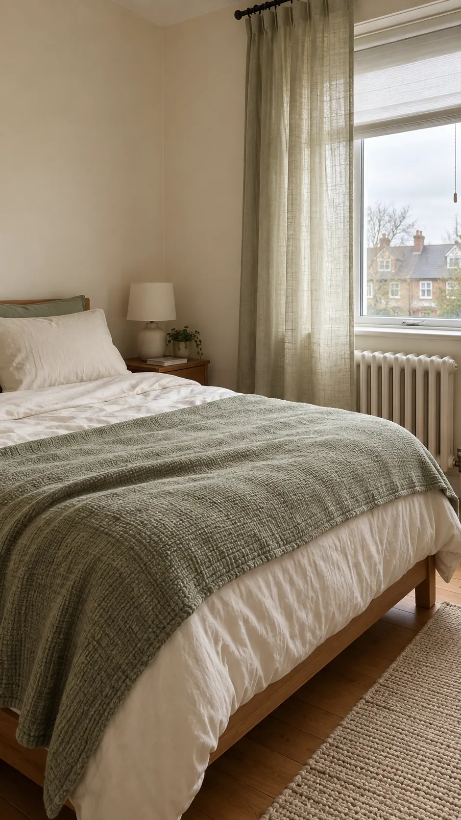 Simple bedding and curtain layers making a small bedroom cozy