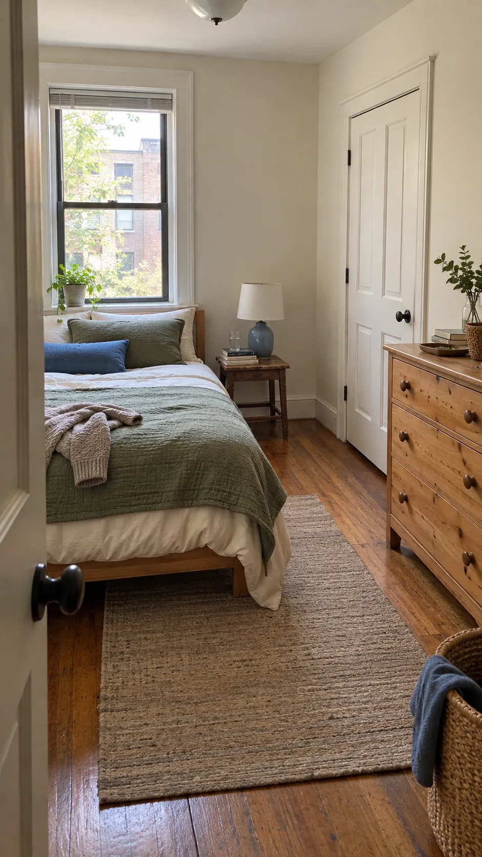 Affordable small bedroom with reused furniture and a clear walking route