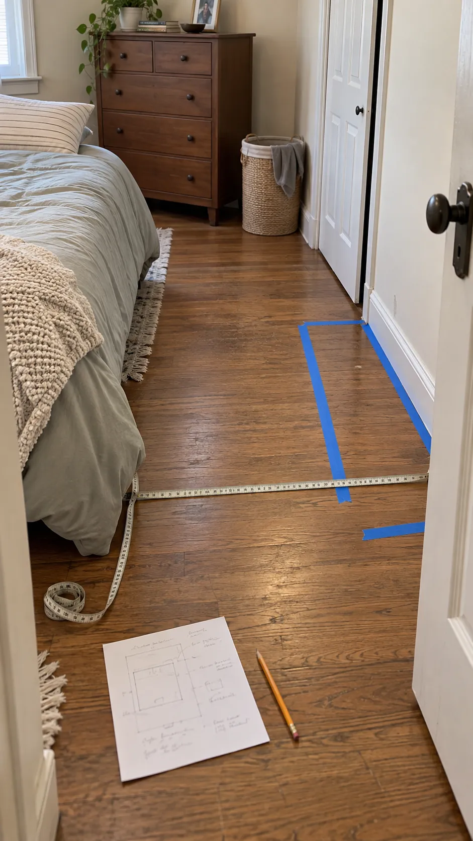 Checking the floor layout of a small bedroom before buying decor
