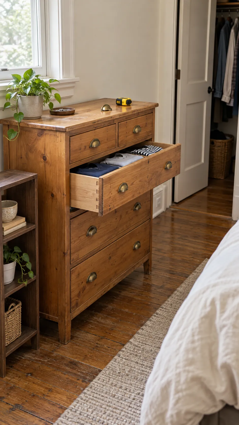 Secondhand wood dresser sized for a compact bedroom
