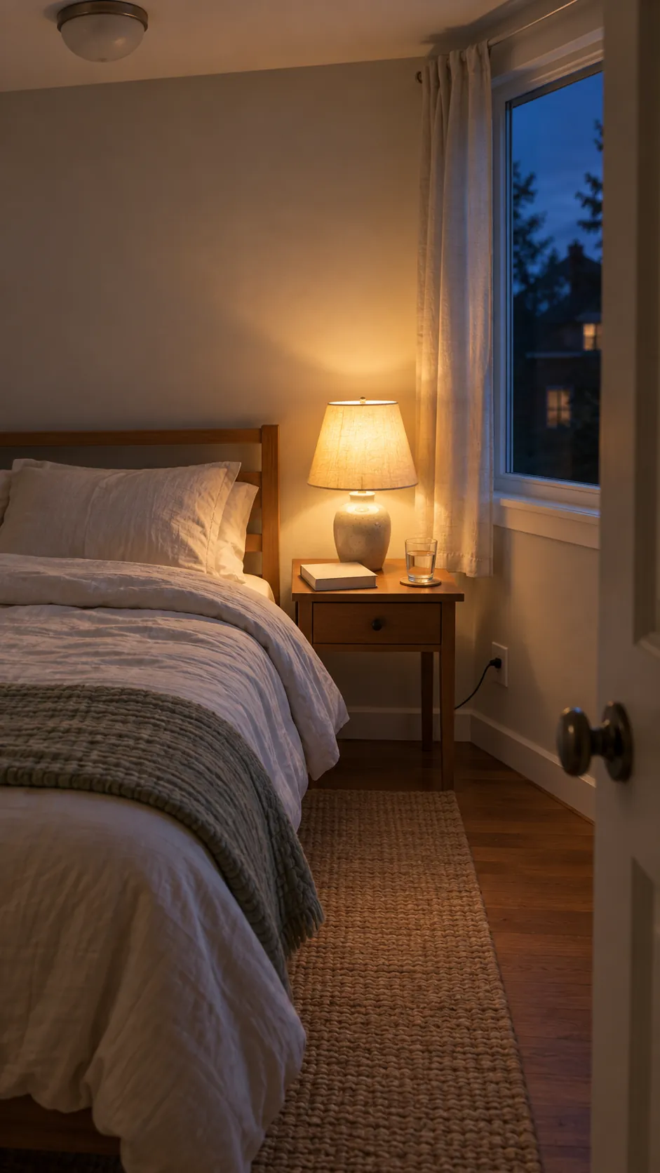 Warm bedside lamp in an affordable small bedroom makeover