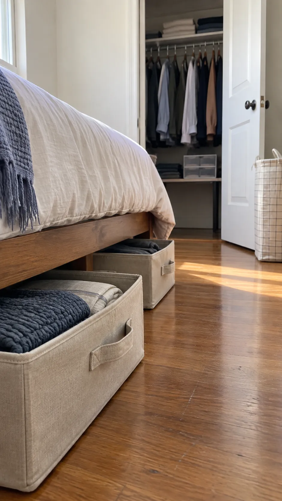 Measured under bed bins and organized closet in a small bedroom